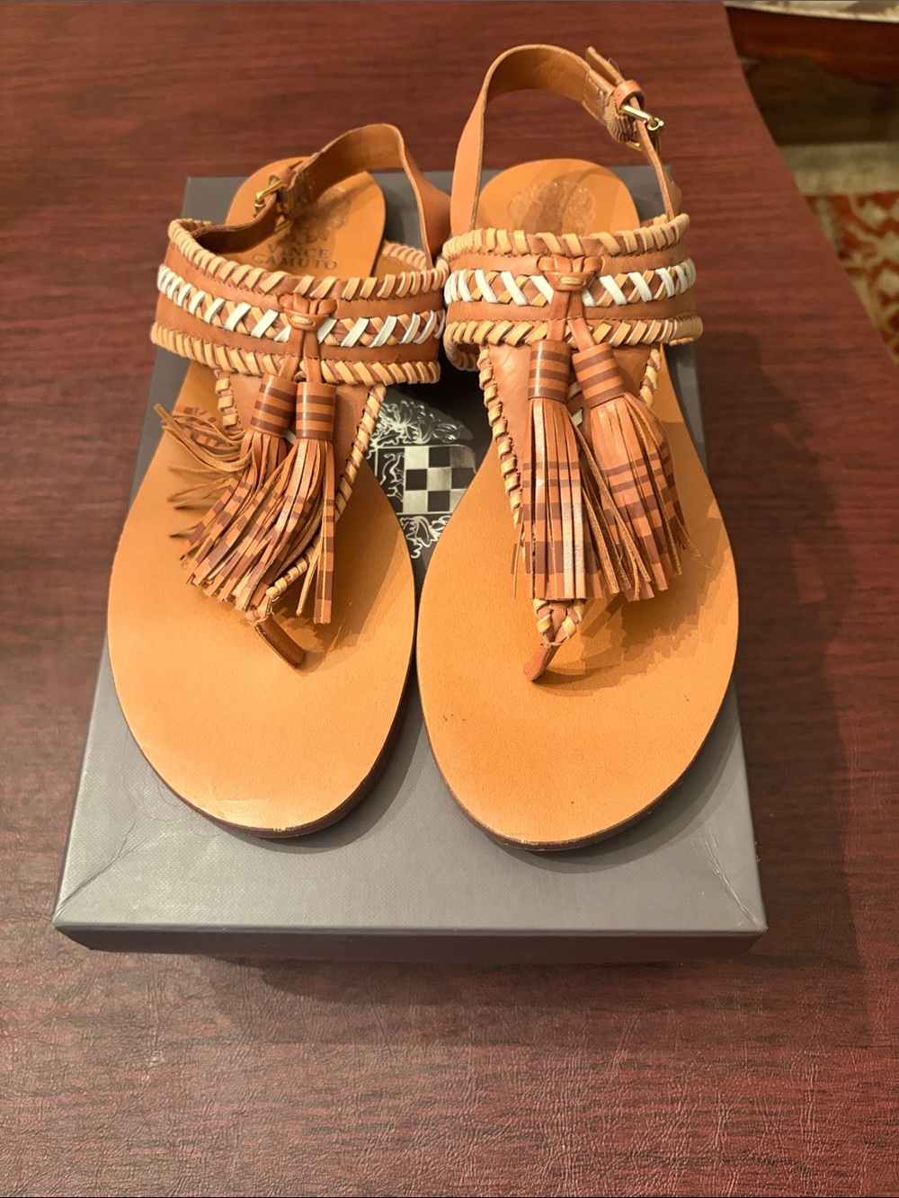 Vince Camuto Tan Leather Braided Tassel T-Strap Sandals
